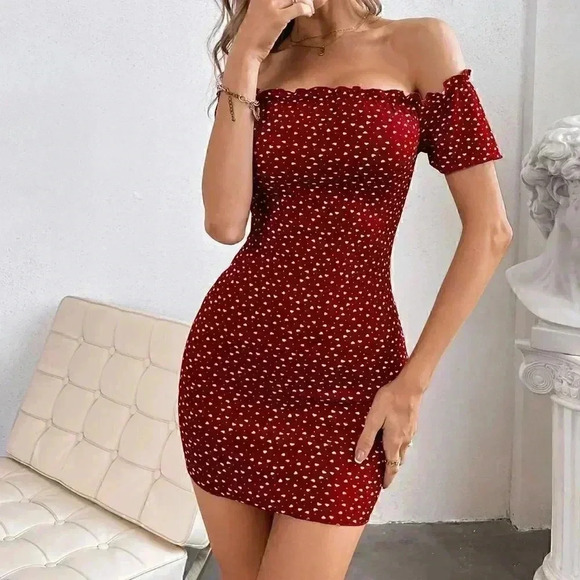 Burgundy Boho Women Heart Print Off Shoulder Frill Trim Knitted Bodycon Dress - Picture 4 of 5
